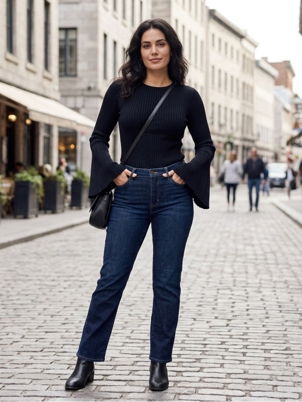 Catherine Malandrino Black Ribbed Bell-Sleeve Long Sleeve Top